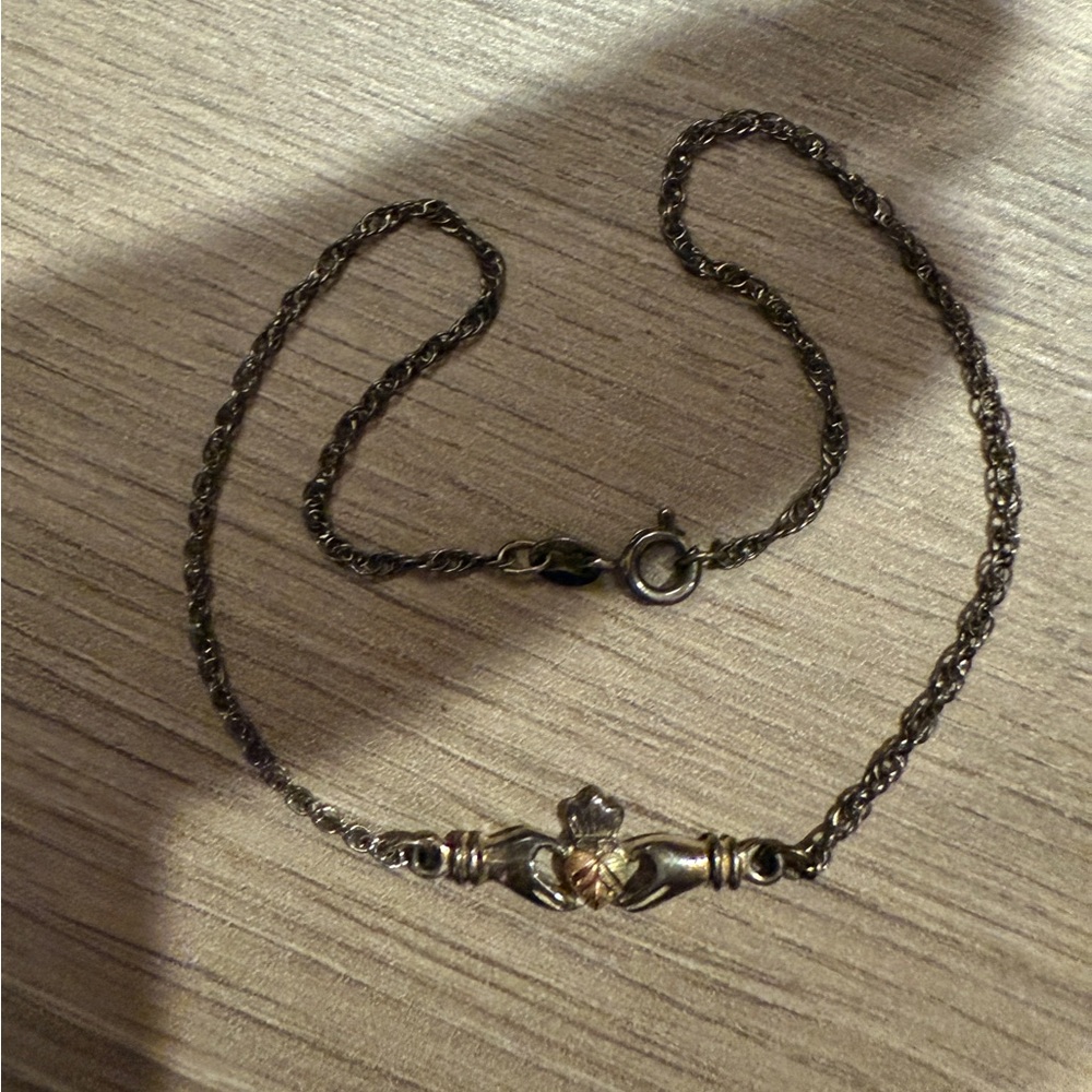 Vintage 925 Sterling Silver Irish Claddagh Love Loyalty Friendship 10.5" Anklet